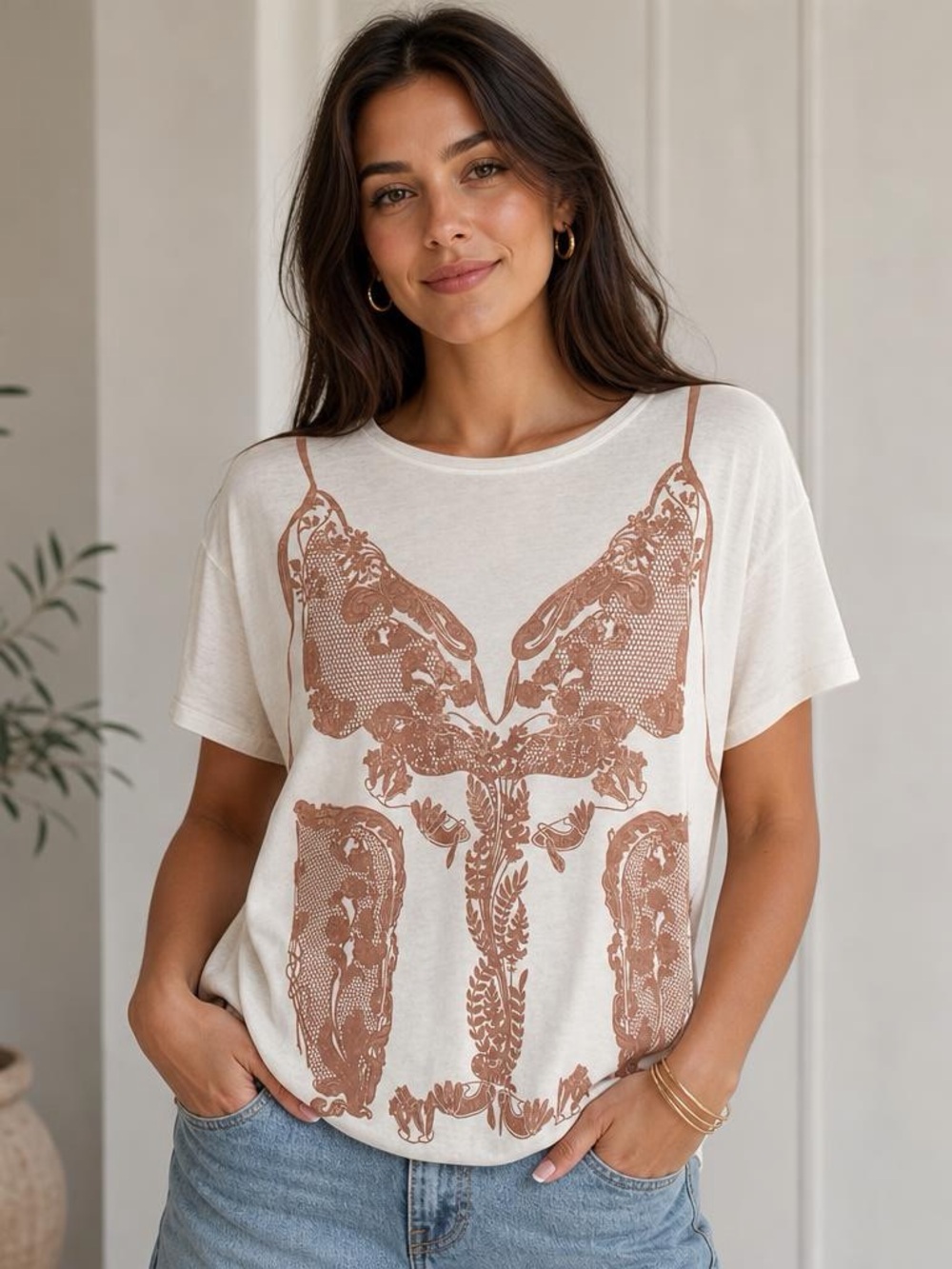 Zara Cream Short Sleeve Tee with Brown Floral Graphic